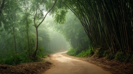 Misty trail winding through dense bamboo Asia and serenity. AI generated.