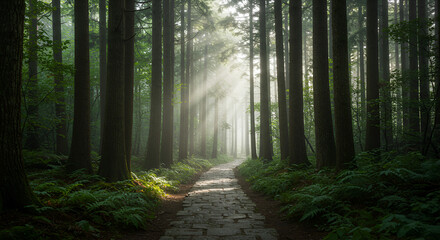 Obraz premium Sunbeams illuminate a paved path through a misty forest