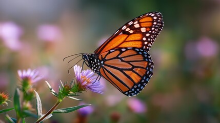 Monarch butterfly rests on flower with beautiful natural framing. AI generated