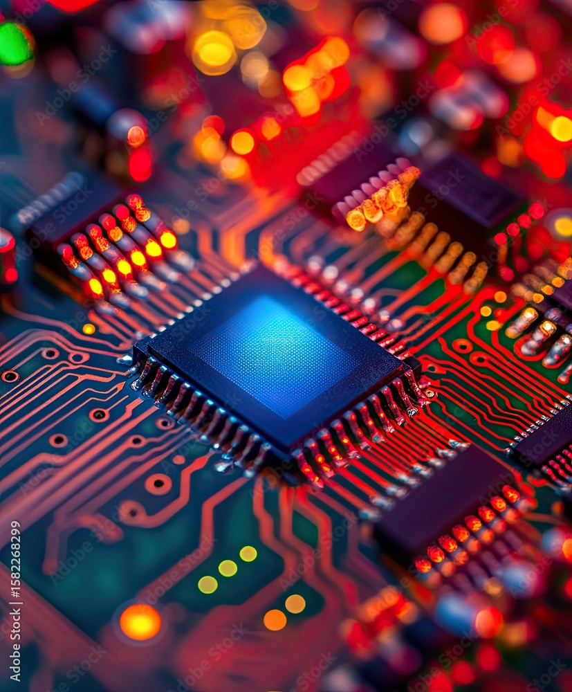 Aufkleber close-up of a circuit board with a central processor chip, highlighted by vibrant colors.