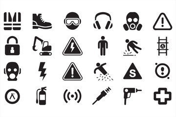 A series of workplace safety icons, featuring protective equipment, electrical hazard warnings, fall risk, and fire safety tools such as fire extinguishers, gloves, helmets, and warning signs.