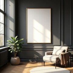Fototapeta premium Elegant Dark Gray Interior Design Mockup with Large Frame and Comfortable Chair