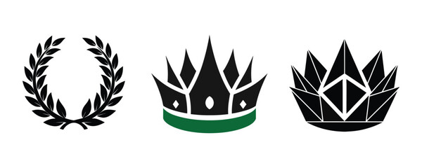 Collection of three graphic symbols including laurel wreath and two crowns isolated on white background