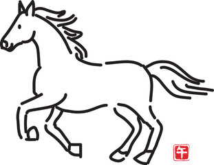 かわいい手描きの馬線画イラスト年賀素材