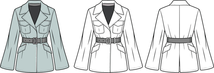 Fashion belted long sleeve women jacket flat sketch, technical drawing, vector coat front and back view, apparel design template