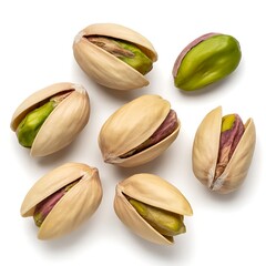 Close up of delicious roasted pistachios with bright green kernels on a white background