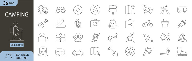 Camping icons set. Includes icons for tent, campfire, backpack, forest, compass, map, lantern, hiking boots, sleeping bag, and outdoor adventure. Editable stroke. Line icons. Perfect for infographics.