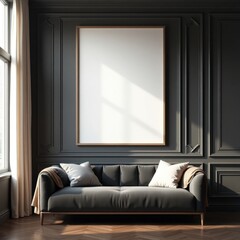 Fototapeta premium Elegant Dark Interior Design Luxury Living Room with Large Framed Canvas