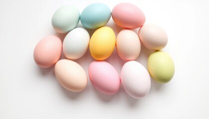 Colorful Easter Eggs on White Background, Festive Spring Season Decor