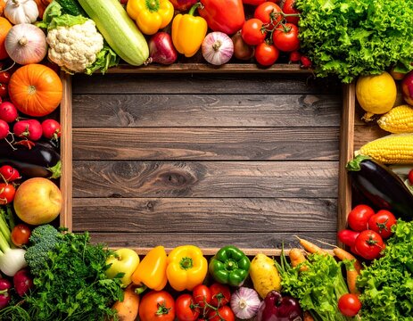 Top view of assorted fresh organic vegetables on rustic wooden table.