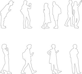 Linear silhouettes of seated people, designed for use in architectural plans, sections, and layouts.
