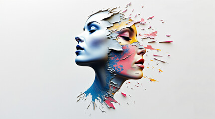 Conceptual art depicting two faces merging in vibrant colors and textures