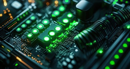 Close-up of glowing green components on a circuit board