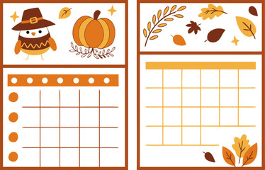 Two thanksgiving themed calendars with fall leaves pumpkin and bird wearing a pilgrim hat on a white background