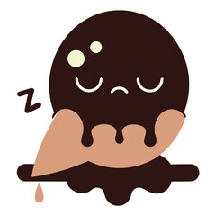 Cute sleeping chocolate ice cream cone with melting drips and zzz symbol