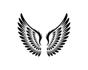 Obraz premium Symmetrical Tribal Angel Wings Illustration – Black & White Minimalist Vector with Detailed Feather Pattern