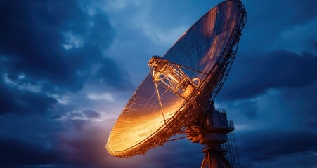 Massive radio telescope dish, illuminated orange-gold, against dramatic twilight sky