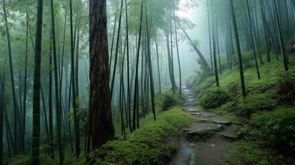 Trail winds through dense bamboo shrouded in morning mist serenity. AI generated