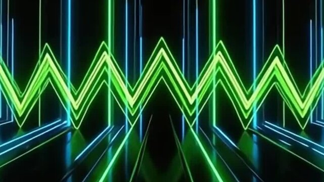 looped zigzag animation, psychedelic motion background, geometric waveform background, electric blue vector loop, lime green zigzag lines, abstract energetic background, seamless motion design, rhythm