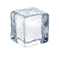 Clear ice cube with water droplets reflecting light isolated on transparent background