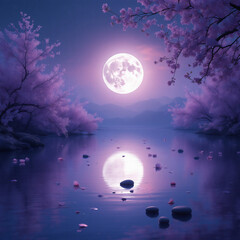 Magical Full Moon Over Tranquil Lake with Cherry Blossoms


