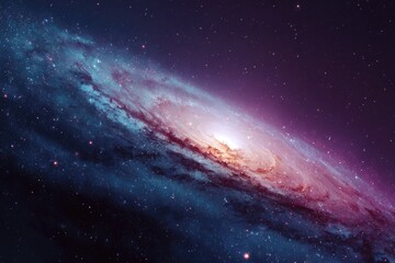 Fototapeta premium A vibrant spiral galaxy, swirling blues, purples, and oranges, with a bright core and scattered stars against a dark backdrop