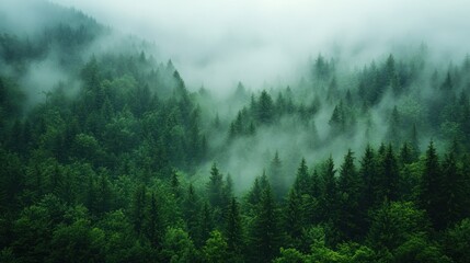 Misty Fog Rolling Over Mountain Pine Forest