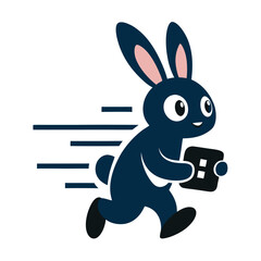 Cartoon dark blue rabbit running fast with a square package delivery