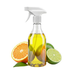Citrus infused cleaning spray in a clear bottle with orange and lime, isolated on transparent background