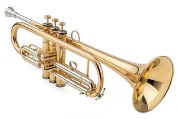 Obraz premium High-quality stock photo of a golden trumpet isolated on a transparent background. showing intricate details and craftsmanship of the musical instrument on white background
