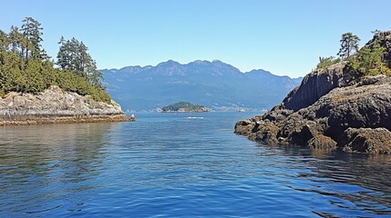 Fototapeta premium Serene inlet view with rocky shores, lush green islands, and distant mountains under a clear blue sky
