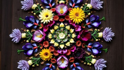 Colorful floral mandala arrangement on a wooden surface with vibrant flowers