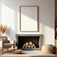 Obraz premium Modern Minimalist Living Room Interior Design Fireplace Sunlight Cozy Decor