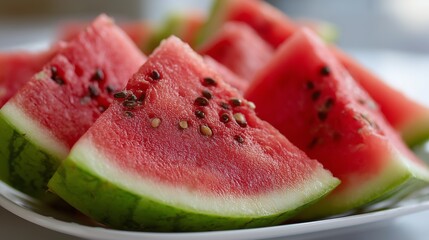 Watermelon slices present refreshing summer fruit featuring visible seeds. AI generated.