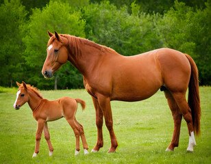 Fototapeta premium A portrait of a beautiful red mare with foal. A red horse with her baby. horse and foal.