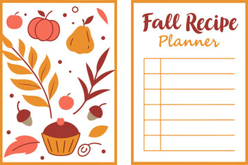 Illustration featuring fall themed elements such as fruits leaves acorns and a recipe planner with lines