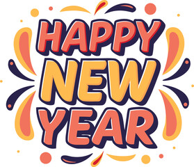 Festive happy new year typography design for apparel with bold text and celebratory elements