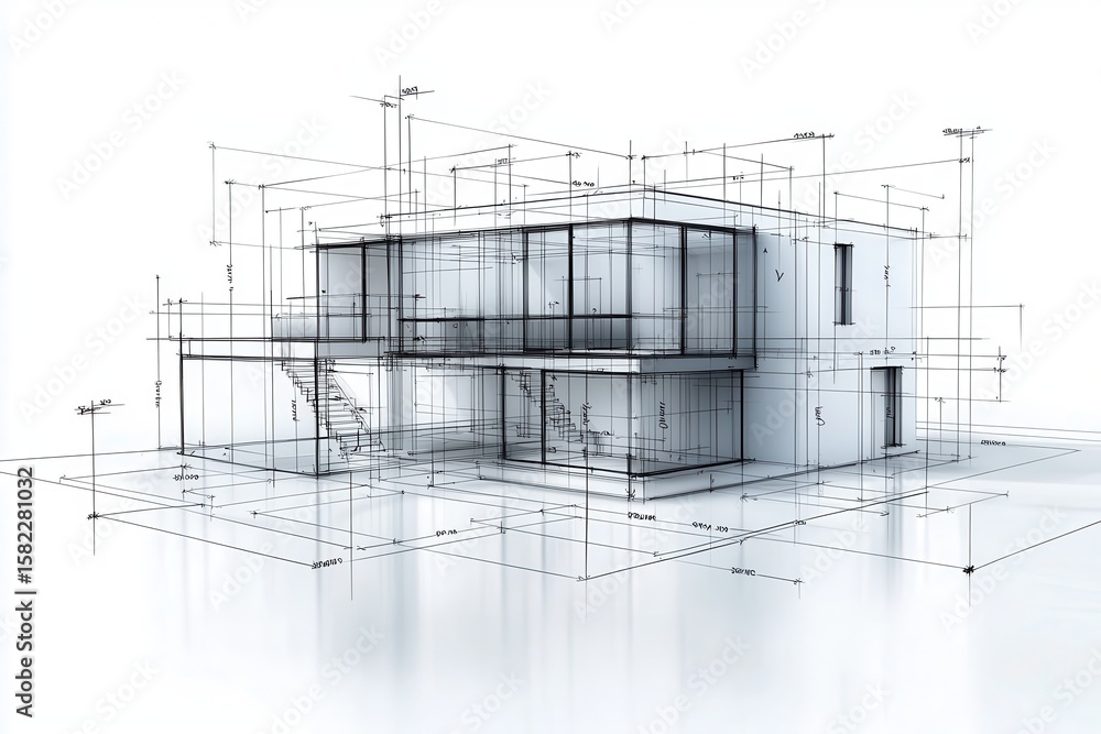 Poster engineer drawing construction concept. 3d architectural blueprint of a modern building design in pro