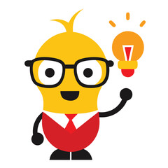 Cute cartoon character wearing glasses and a tie holding a glowing light bulb representing an idea