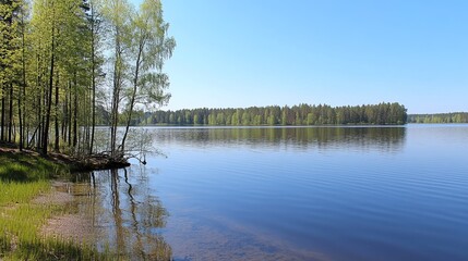 Serene lake scene with lush greenery and clear blue sky reflecting on calm waters