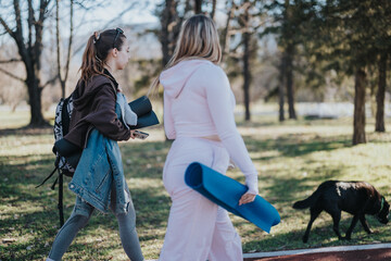 Obraz premium Two young women walk in a park carrying yoga mats, enjoying the outdoor environment. A dog accompanies them, emphasizing companionship and an active lifestyle in nature.