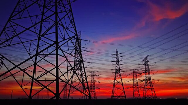 High voltage power tower and power lines with beautiful sky clouds at night