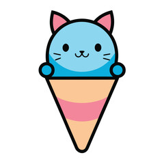 Cute blue cat character peeking out of an ice cream cone