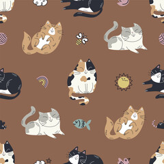 A playful seamless vector pattern featuring various cute cats in different poses. Perfect for fabric prints, wallpapers, wrapping paper, and digital backgrounds. 