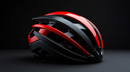 Fototapeta premium Sleek Red and Black Bicycle Helmet with Streamlined Design on Dark Background