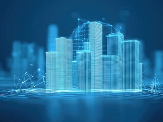 Fototapeta premium Engineer drawing construction concept. Futuristic wireframe cityscape on a blue background, showcasing urban architecture.