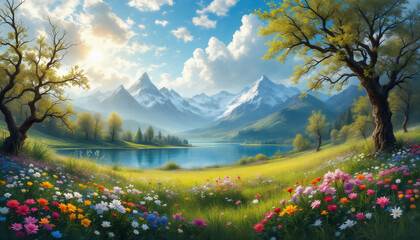Idyllic Spring Landscape with Blooming Flowers and Snowy Mountains

