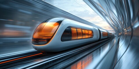 Fototapeta premium Engineer drawing construction concept. Futuristic train speeding through a sleek, reflective tunnel.