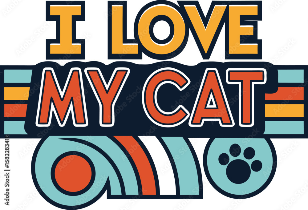Poster charming cat typography t shirt design featuring bold text and artistic elements in multiple colors