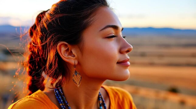 AI generation. A young Native American woman in the wilderness. Respect for traditions. National Day of Truth and Reconciliation. 30th September. Orange Shirt Day logo design. 